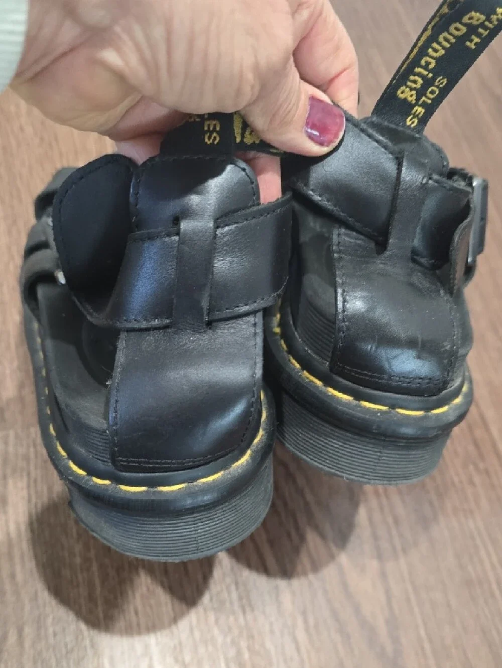Dr. Martens Black Leather Fisherman Sandals with Yellow Stitching 10M
